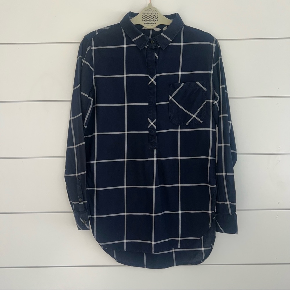 Athleta Presidio Popover Tunic Top XS Navy Blue White Plaid Cotton Shirt Classic